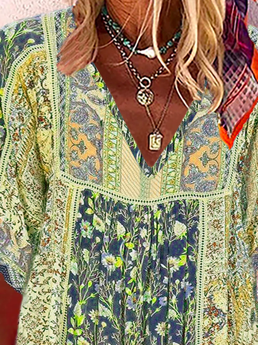 V Neck Floral Loose Cotton-Blend Sweet Blouses
