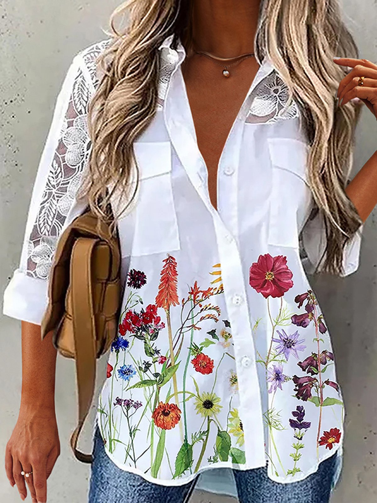 Loose Floral Shirt Collar Polyester Fibre Blouses