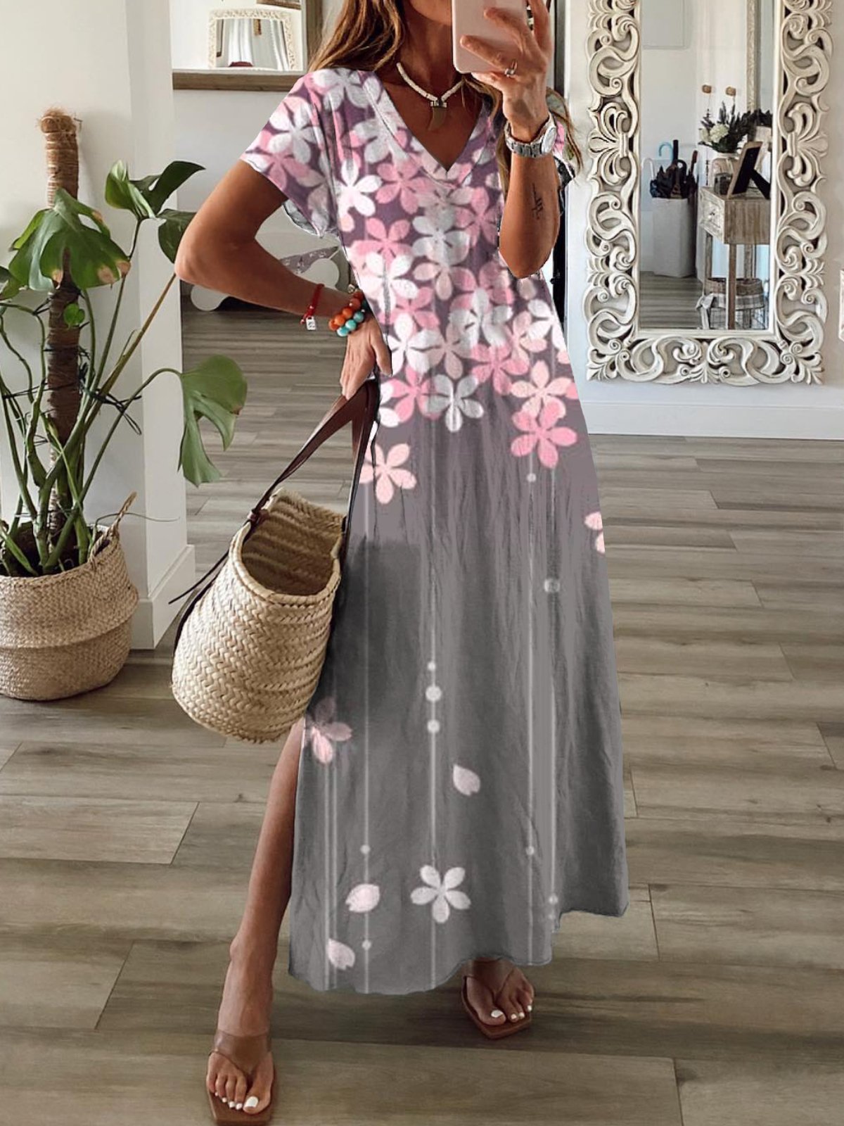 Casual Loose V Neck Floral Maxi