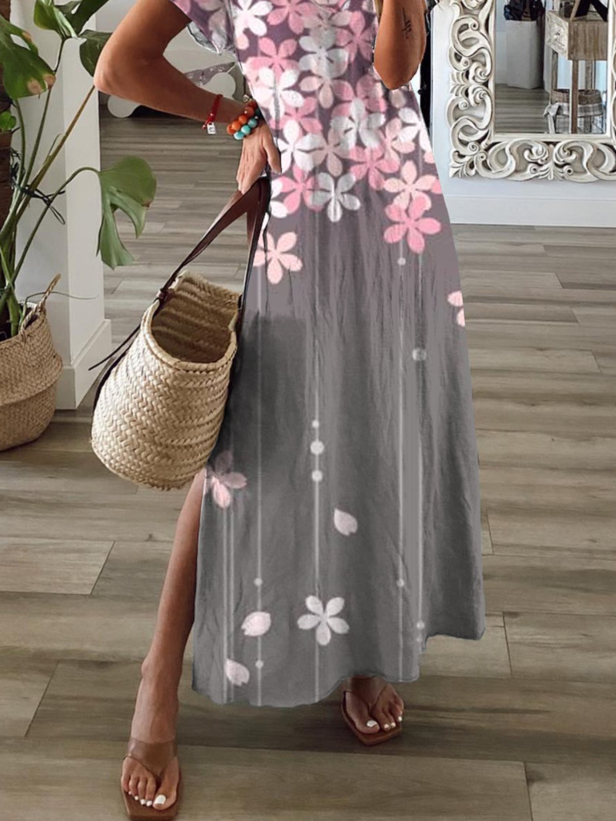 Casual Loose V Neck Floral Maxi