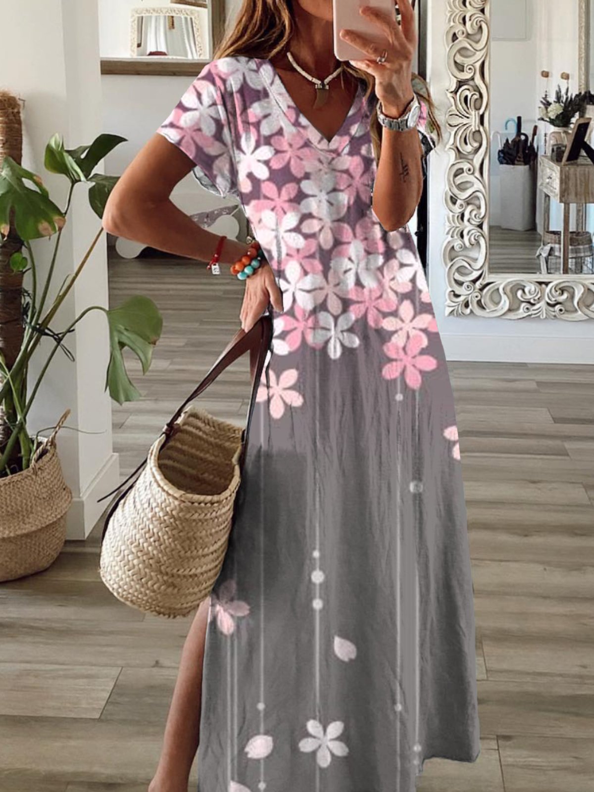 Casual Loose V Neck Floral Maxi