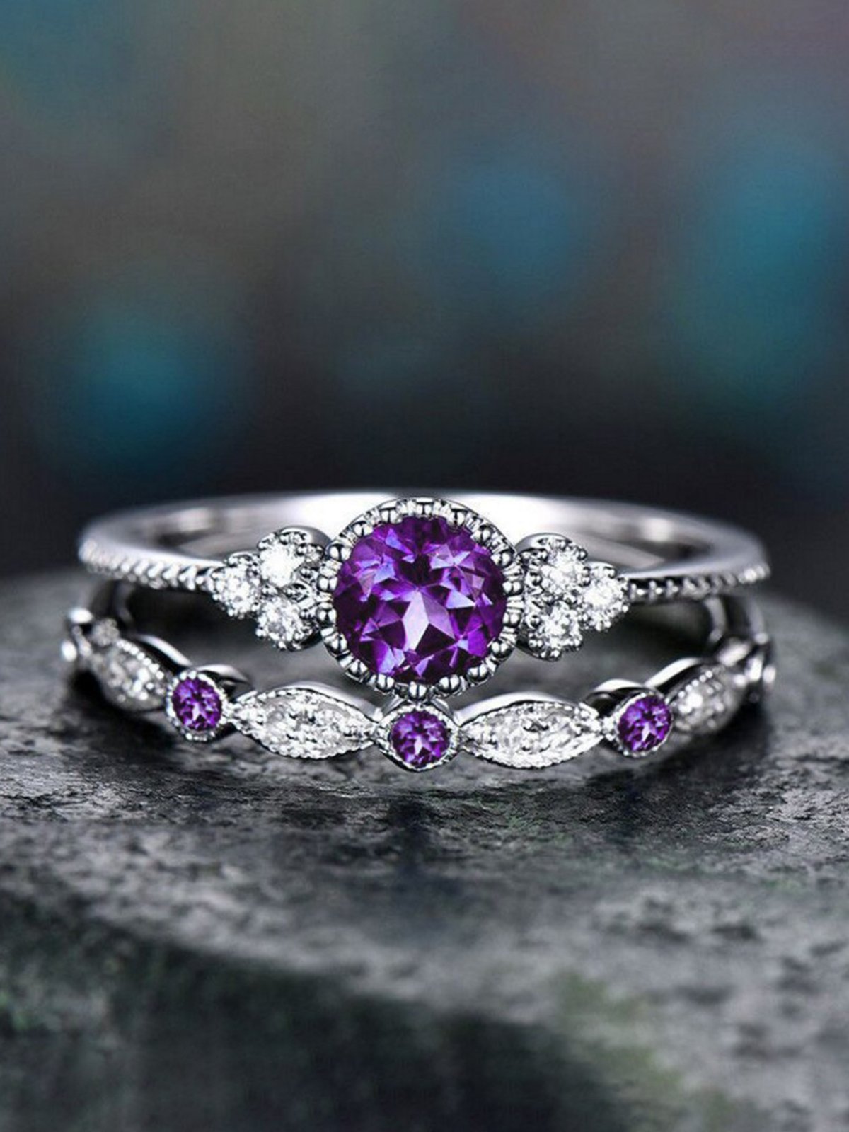 Vintage Casual Purple Gemstone Layered Rings