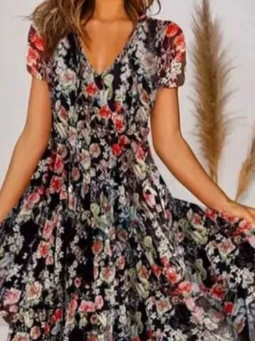 Jersey Floral Loose V Neck Midi