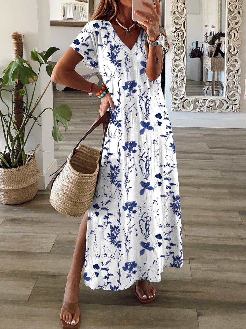 Floral Casual V Neck Maxi