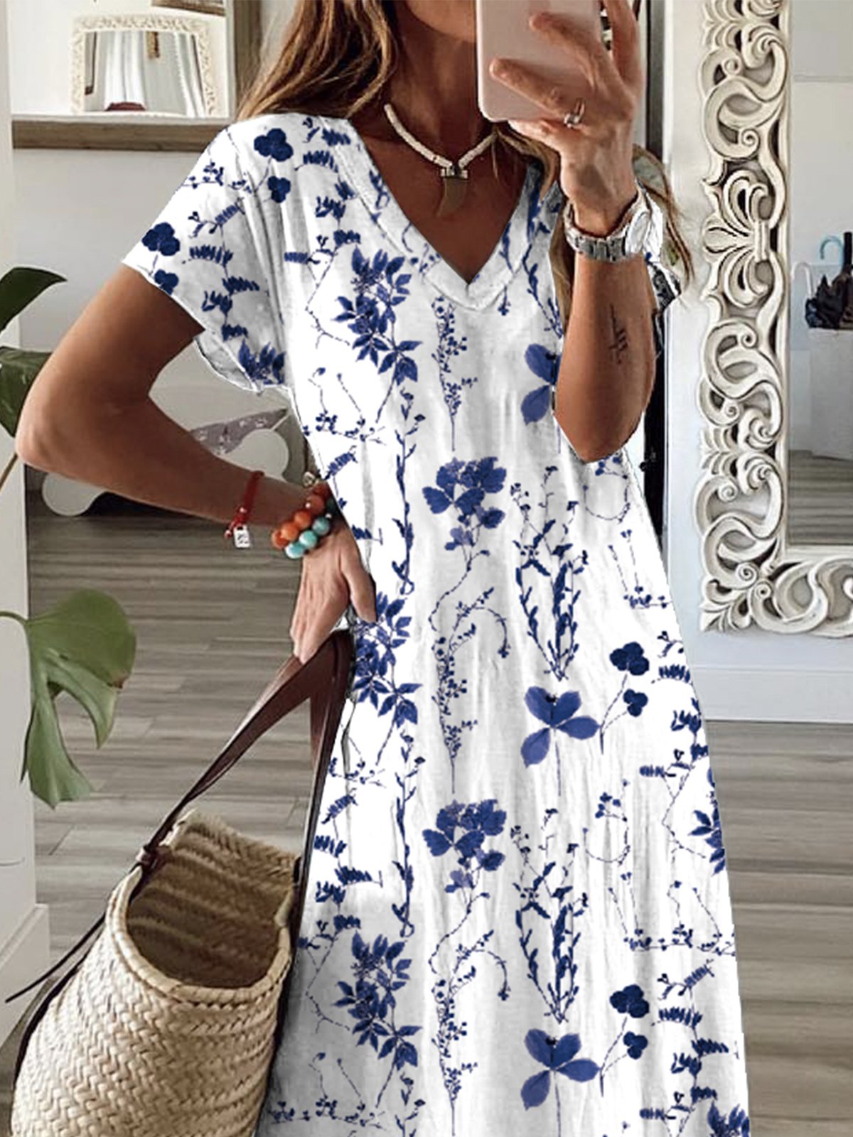 Floral Casual V Neck Maxi