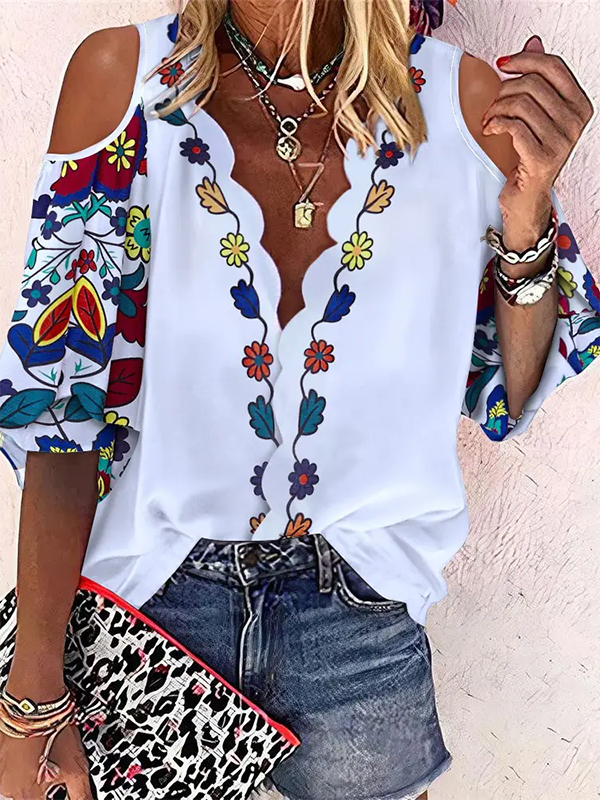 V Neck Loose Casual Floral Blouses
