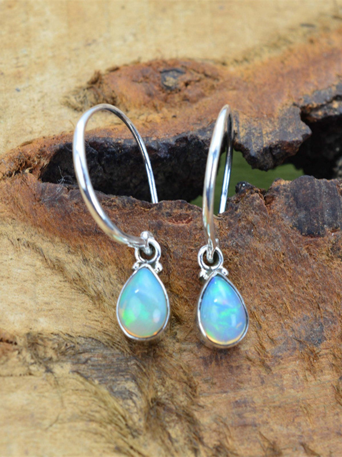 Vintage Oval Moonstone Opal C-Shaped Earrings