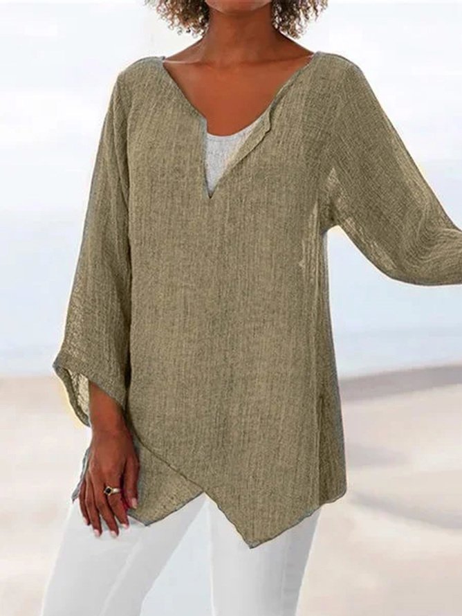 Casual Bamboo Solid V Neck Blouses