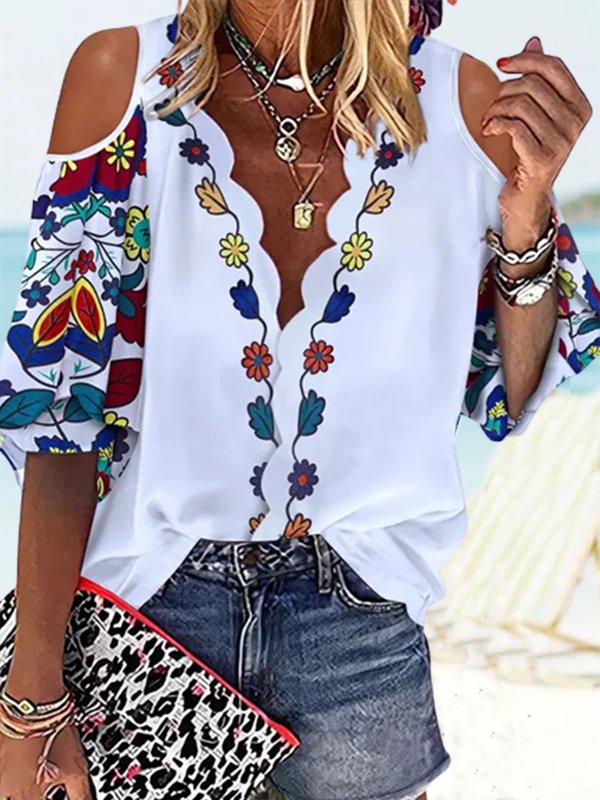 V Neck Loose Casual Floral Blouses