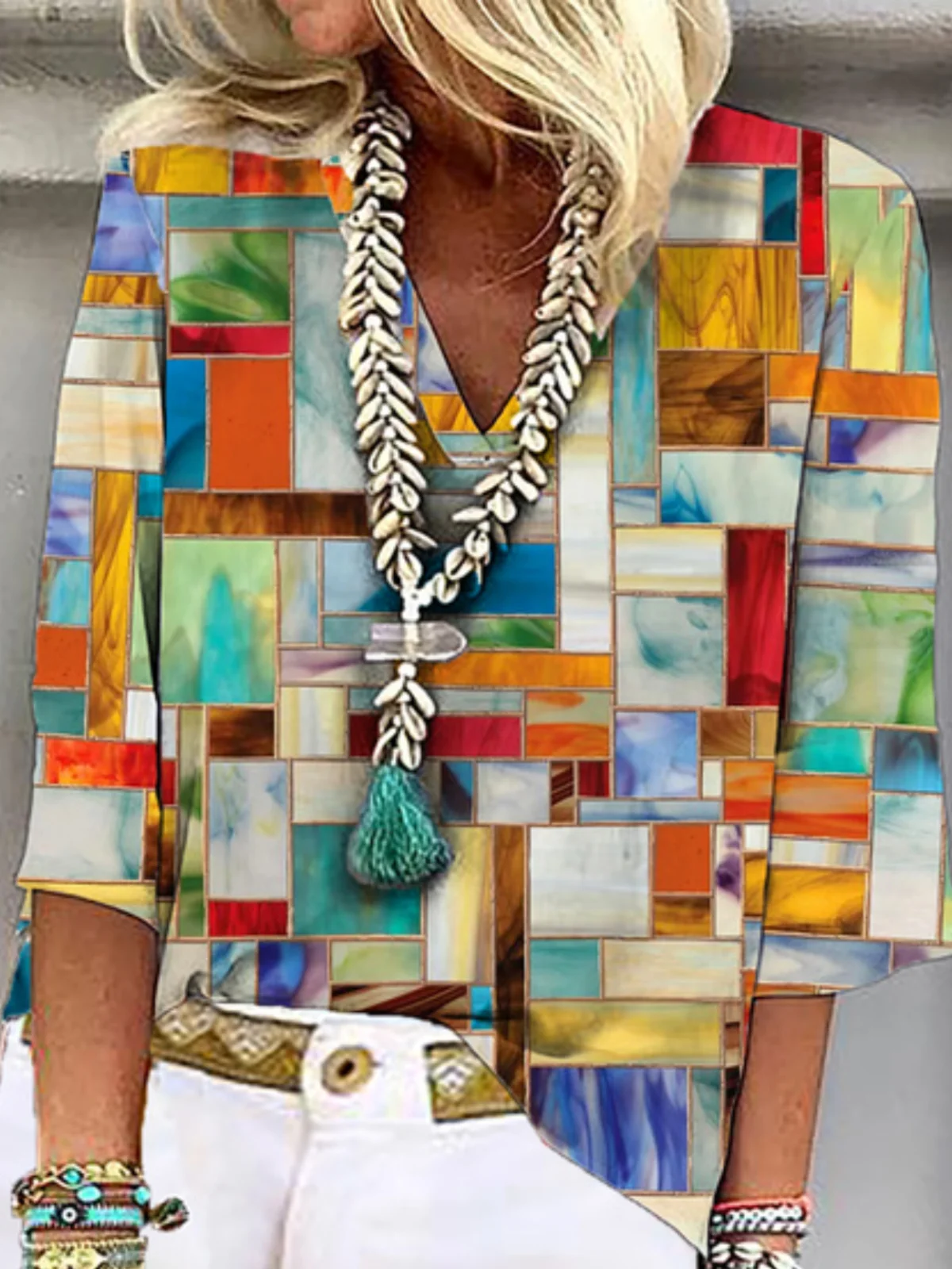 Casual V Neck Geometric Top
