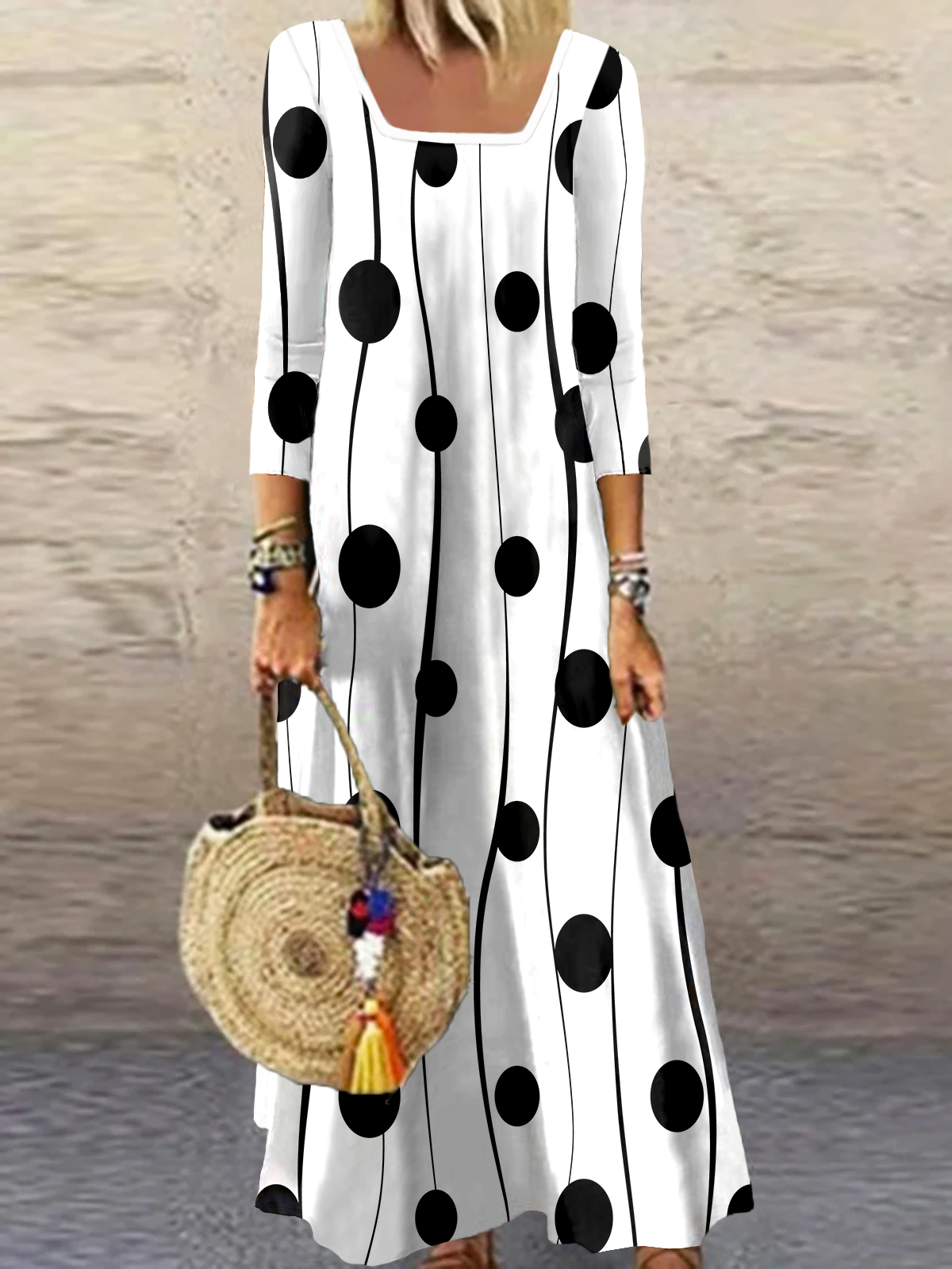Square Neck Geometric Jersey Loose Maxi