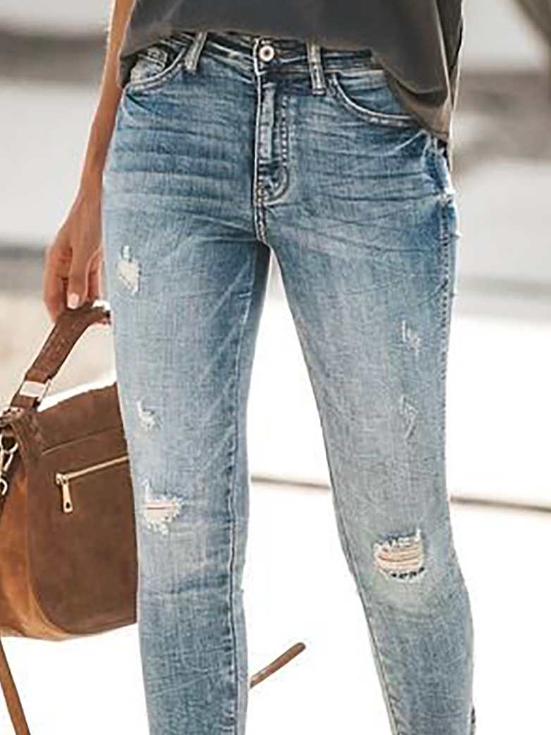 Women Casual Plain Autumn Natural Micro-Elasticity Daily Ankle Pants Standard H-Line Jeans