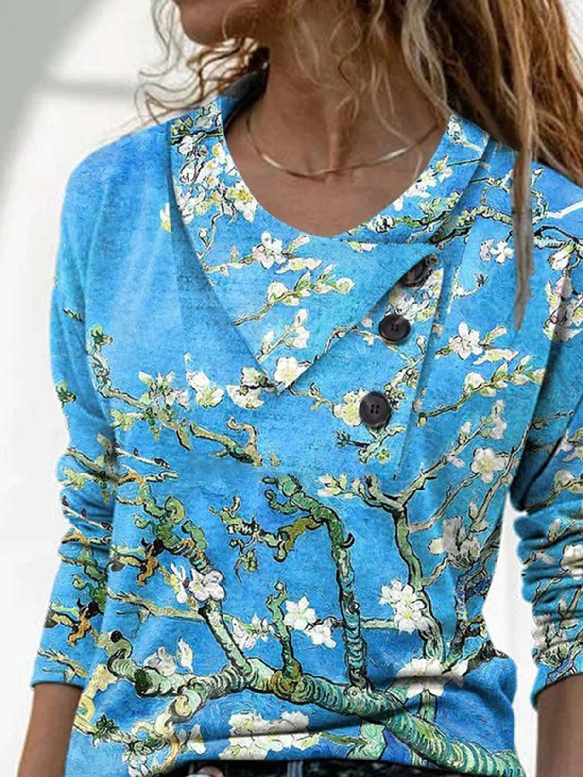 Casual Floral Autumn Lightweight Jersey Long sleeve Regular H-Line Regular Size Top for Women