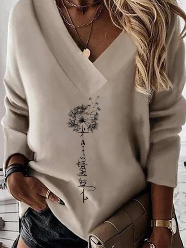 Women Casual Autumn Dandelion V neck Lightweight Daily Jersey Standard Long sleeve Sweatshirt