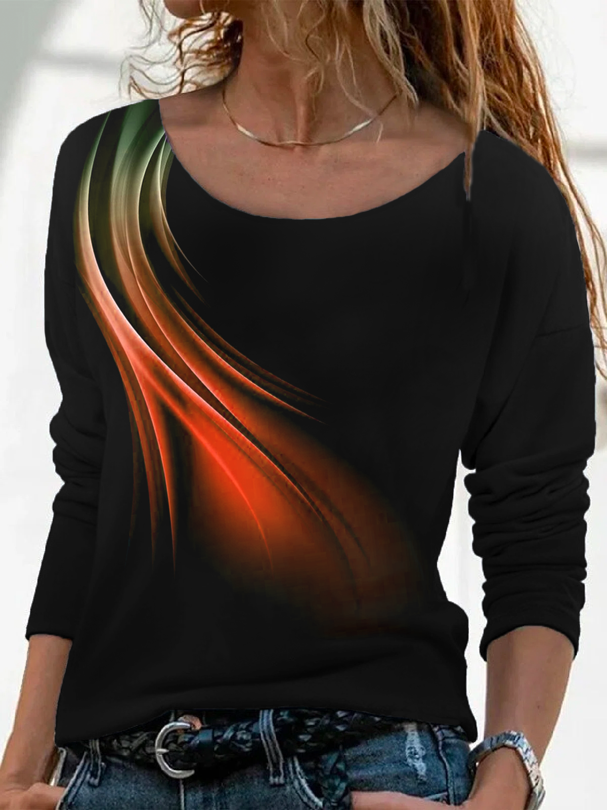 Casual Abstract Autumn Micro-Elasticity Daily Long sleeve Crew Neck H-Line Regular Size T-shirt for Women