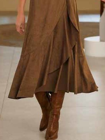 Casual Plain Autumn Suede Natural Daily Loose A-Line Regular Skirt for Women