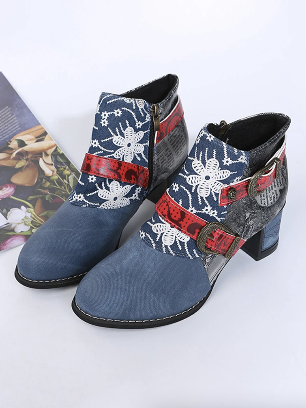 Women Color Block All Season Ethnic Printing Closed Toe Fabric Standard Rubber Classic Boots Boots