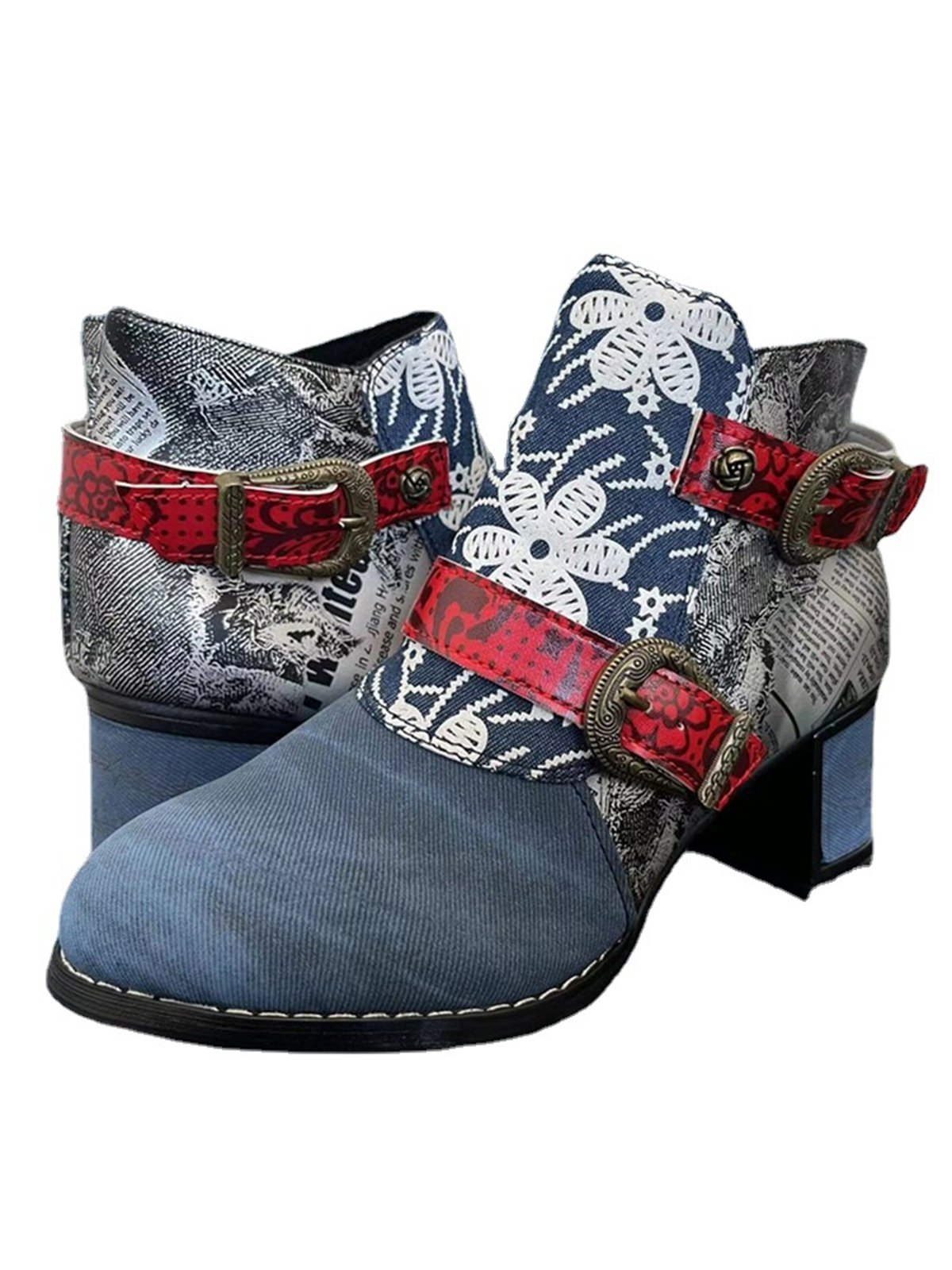 Women Color Block All Season Ethnic Printing Closed Toe Fabric Standard Rubber Classic Boots Boots