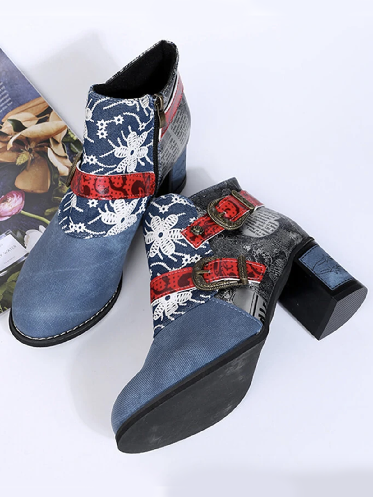 Women Color Block All Season Ethnic Printing Closed Toe Fabric Standard Rubber Classic Boots Boots