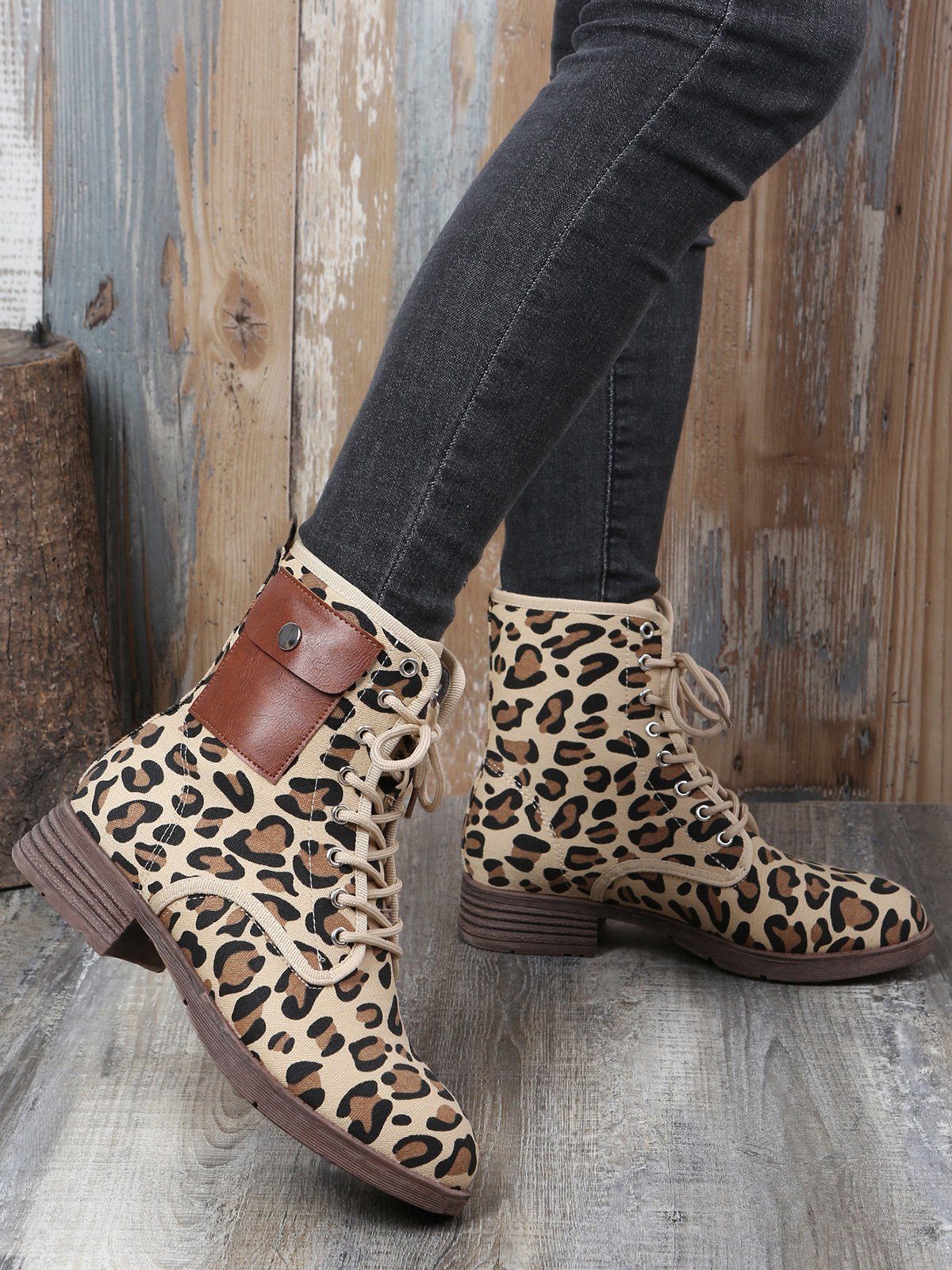 Casual Leopard Print Pocket Martin Combat Combat Boots