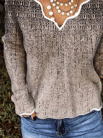 Casual Ethnic V Neck Texture Color-block Wool/Knitting Jumper