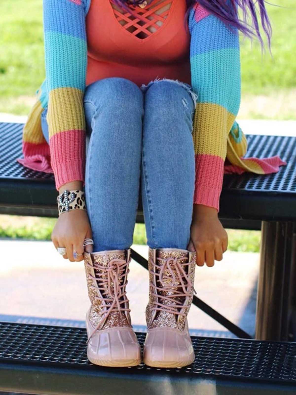 Glitter Leopard Contrast Panel Duck Bill Rain Boots