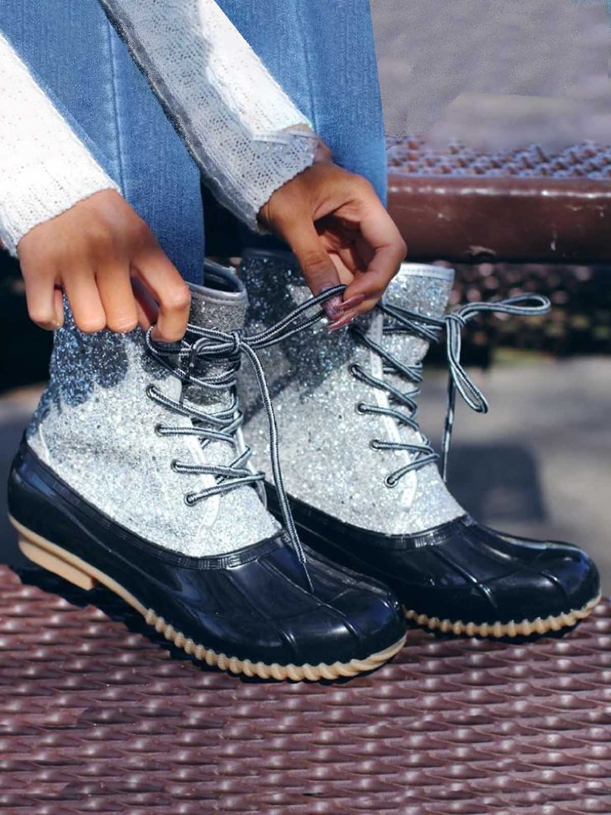 Glitter Leopard Contrast Panel Duck Bill Rain Boots
