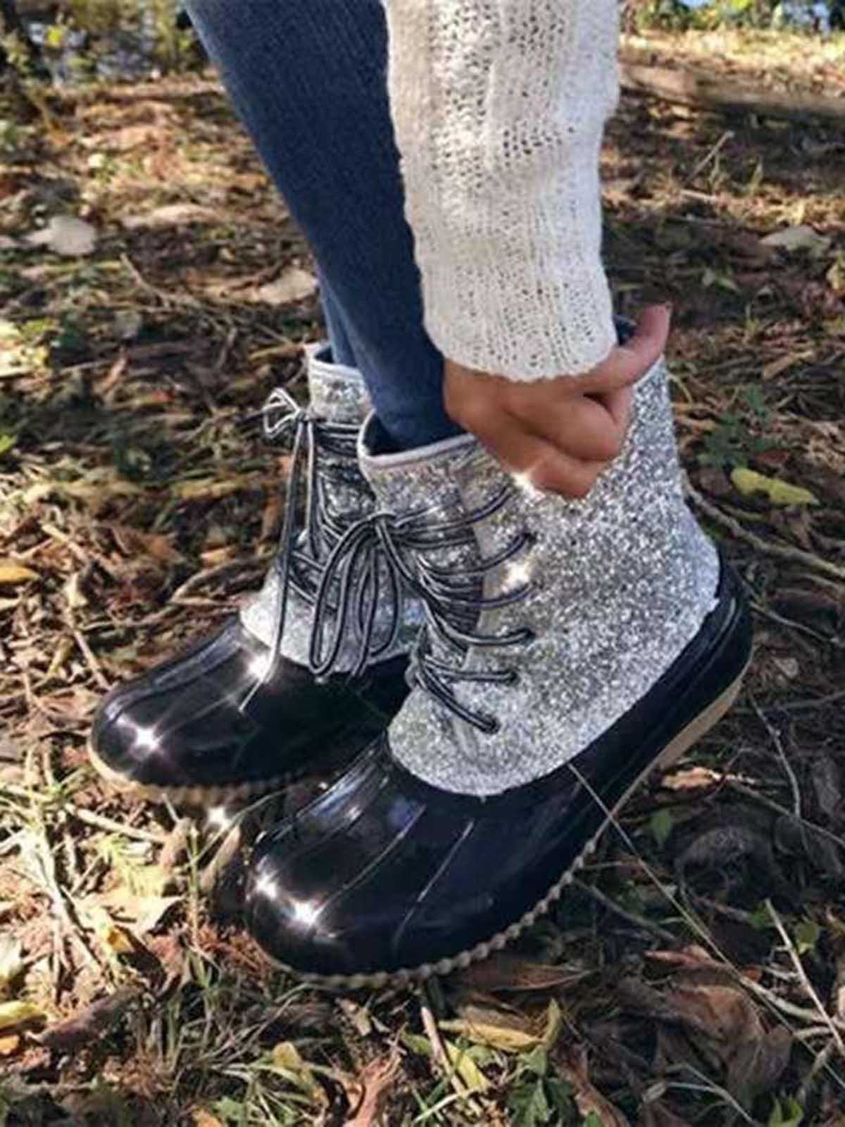 Glitter Leopard Contrast Panel Duck Bill Rain Boots