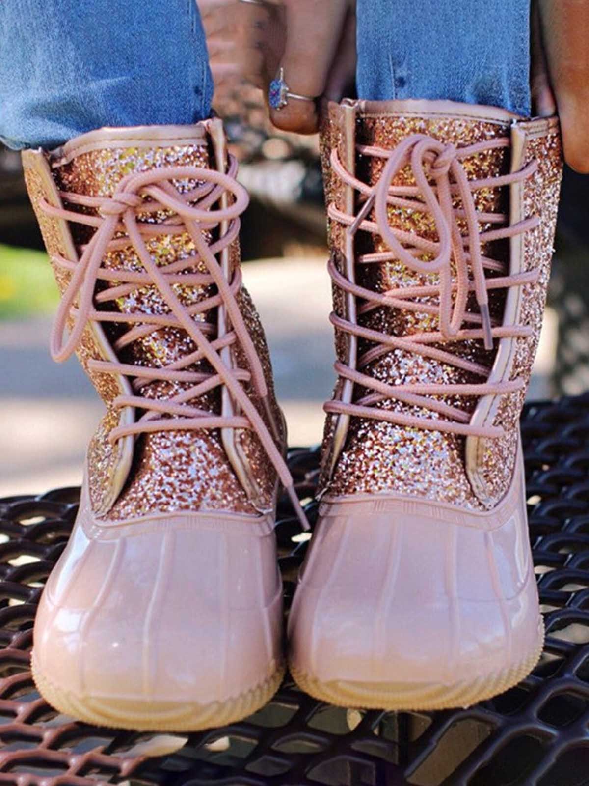 Glitter Leopard Contrast Panel Duck Bill Rain Boots