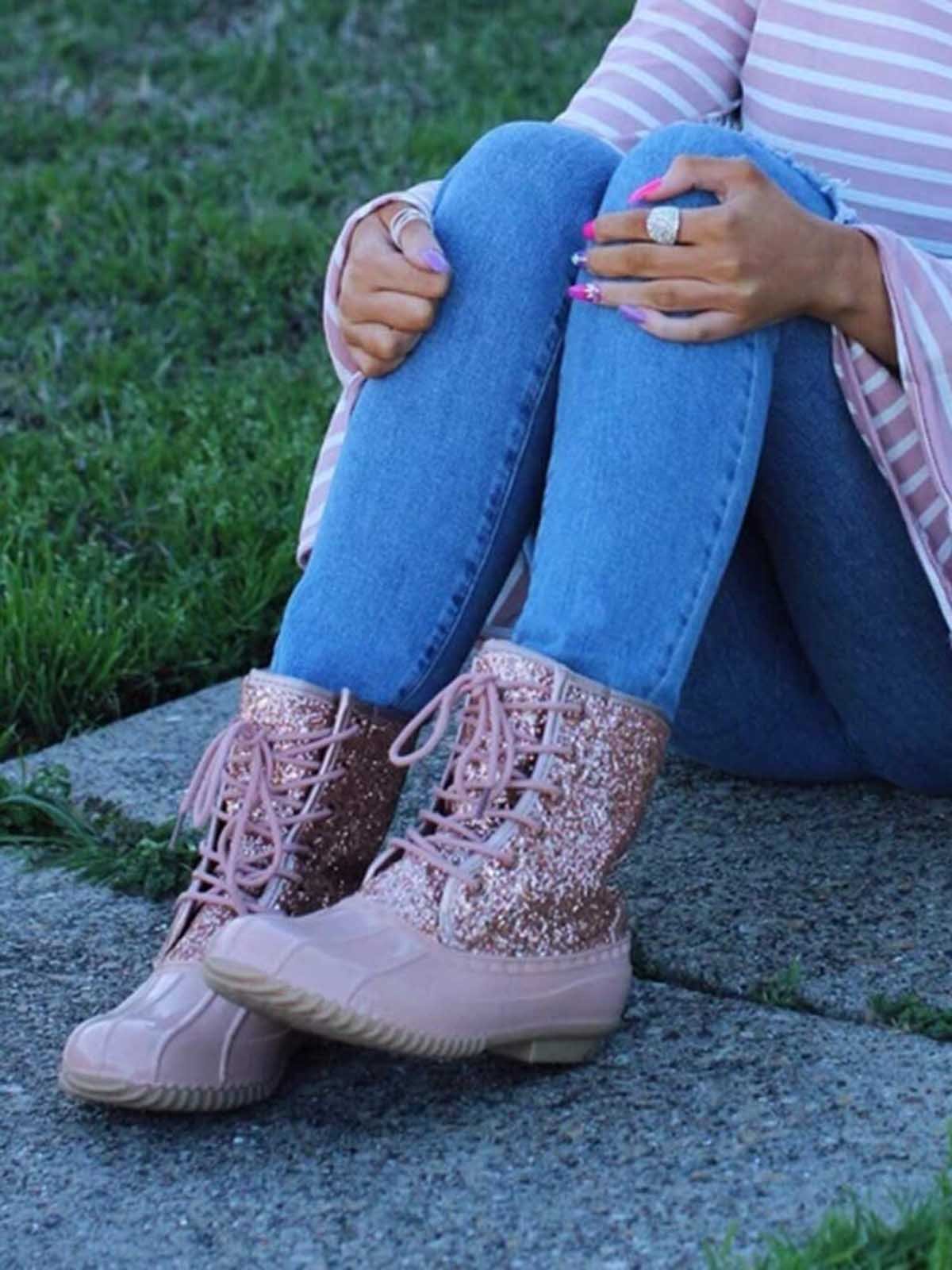 Glitter Leopard Contrast Panel Duck Bill Rain Boots