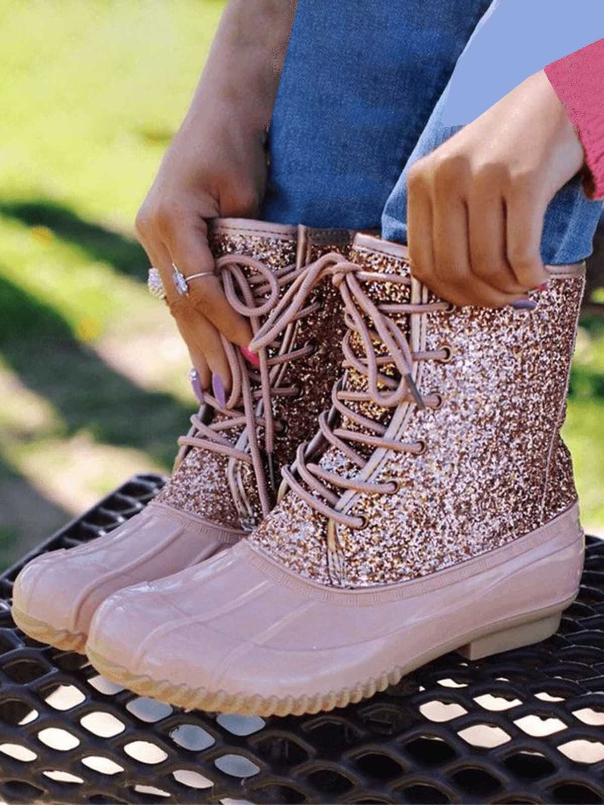 Glitter Leopard Contrast Panel Duck Bill Rain Boots