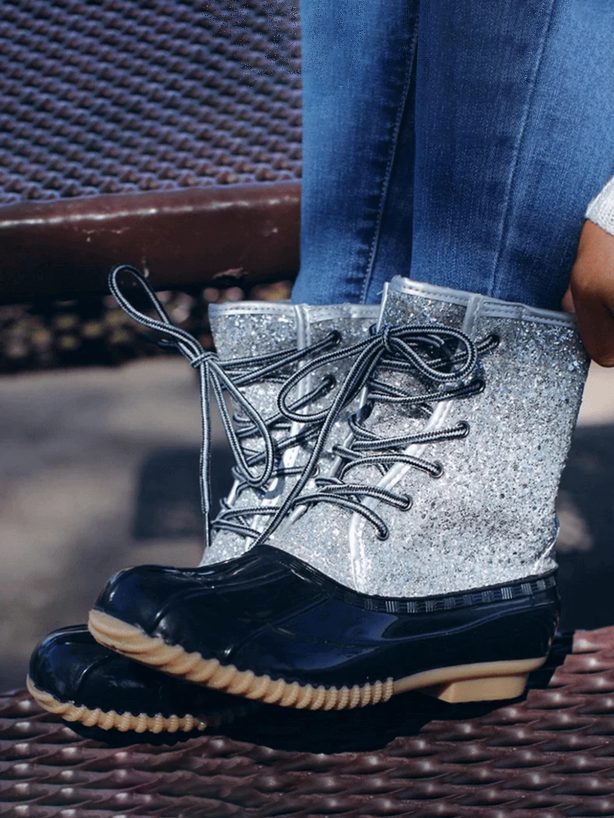 Glitter Leopard Contrast Panel Duck Bill Rain Boots