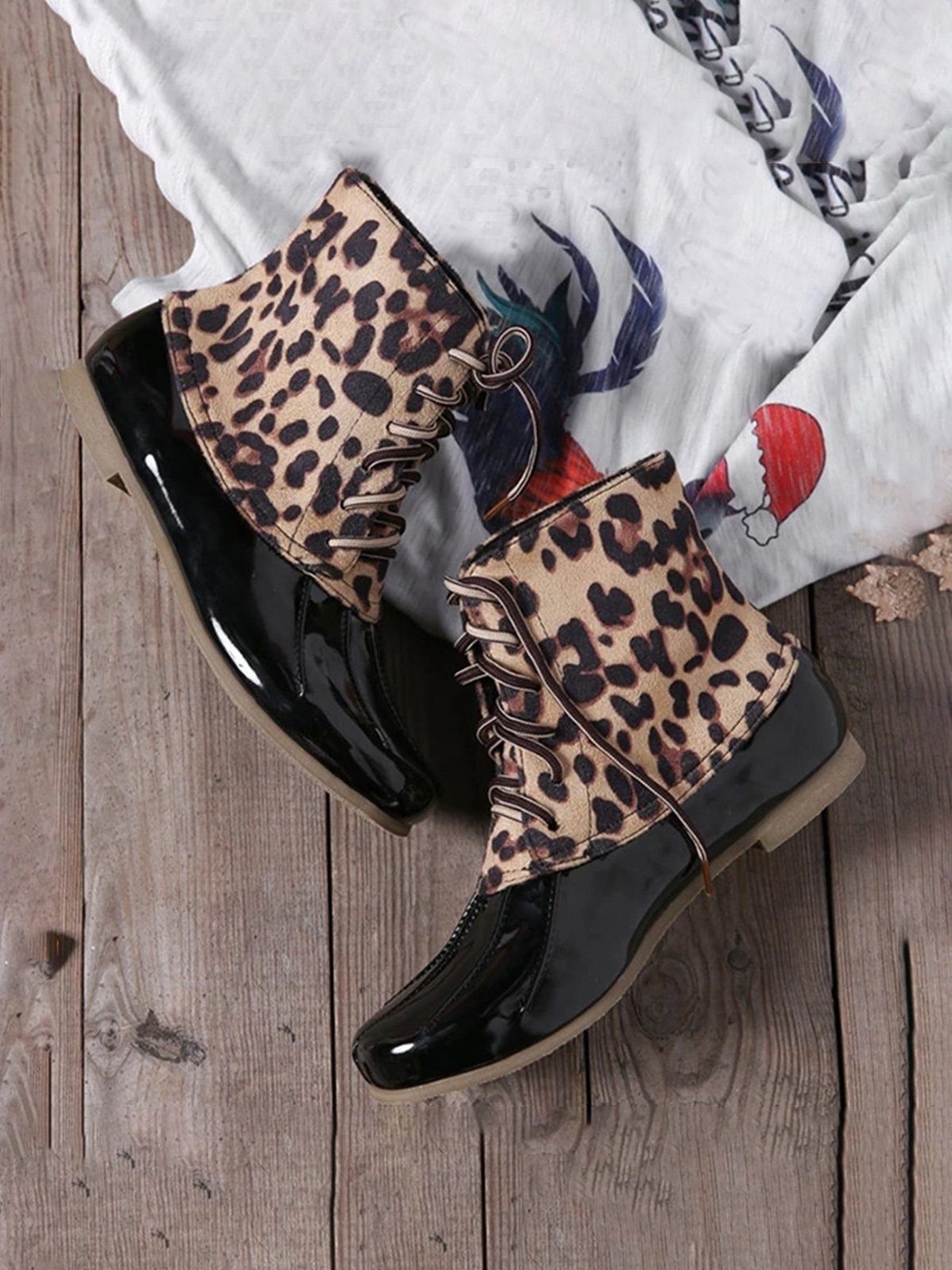 Glitter Leopard Contrast Panel Duck Bill Rain Boots