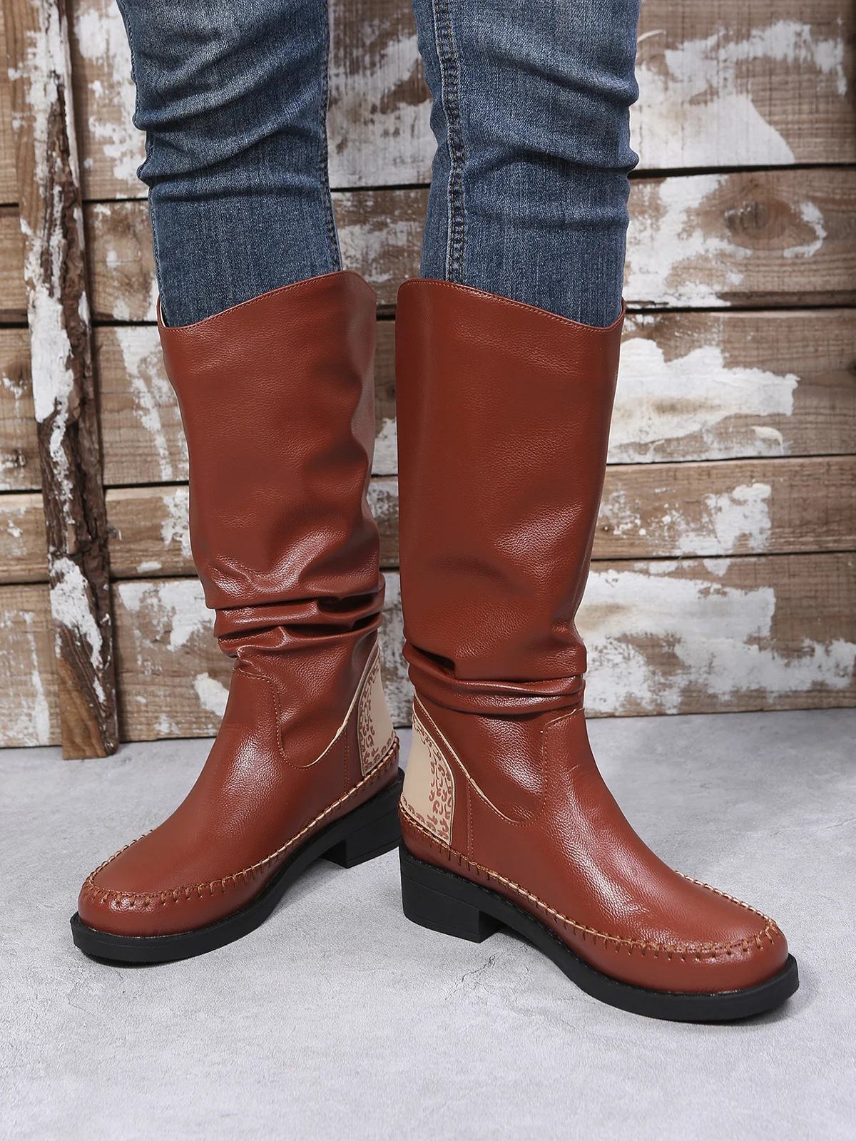Crinkled Leopard Panel Casual Leather Cowboy Boots