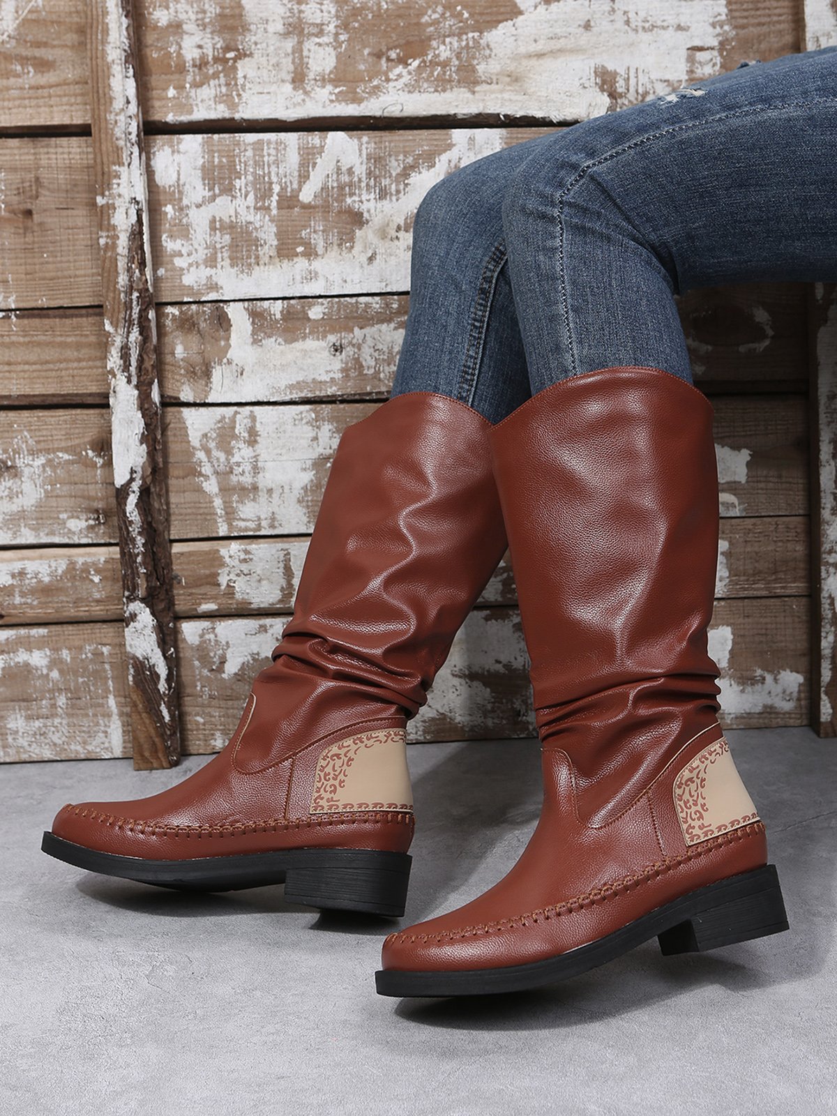 Crinkled Leopard Panel Casual Leather Cowboy Boots