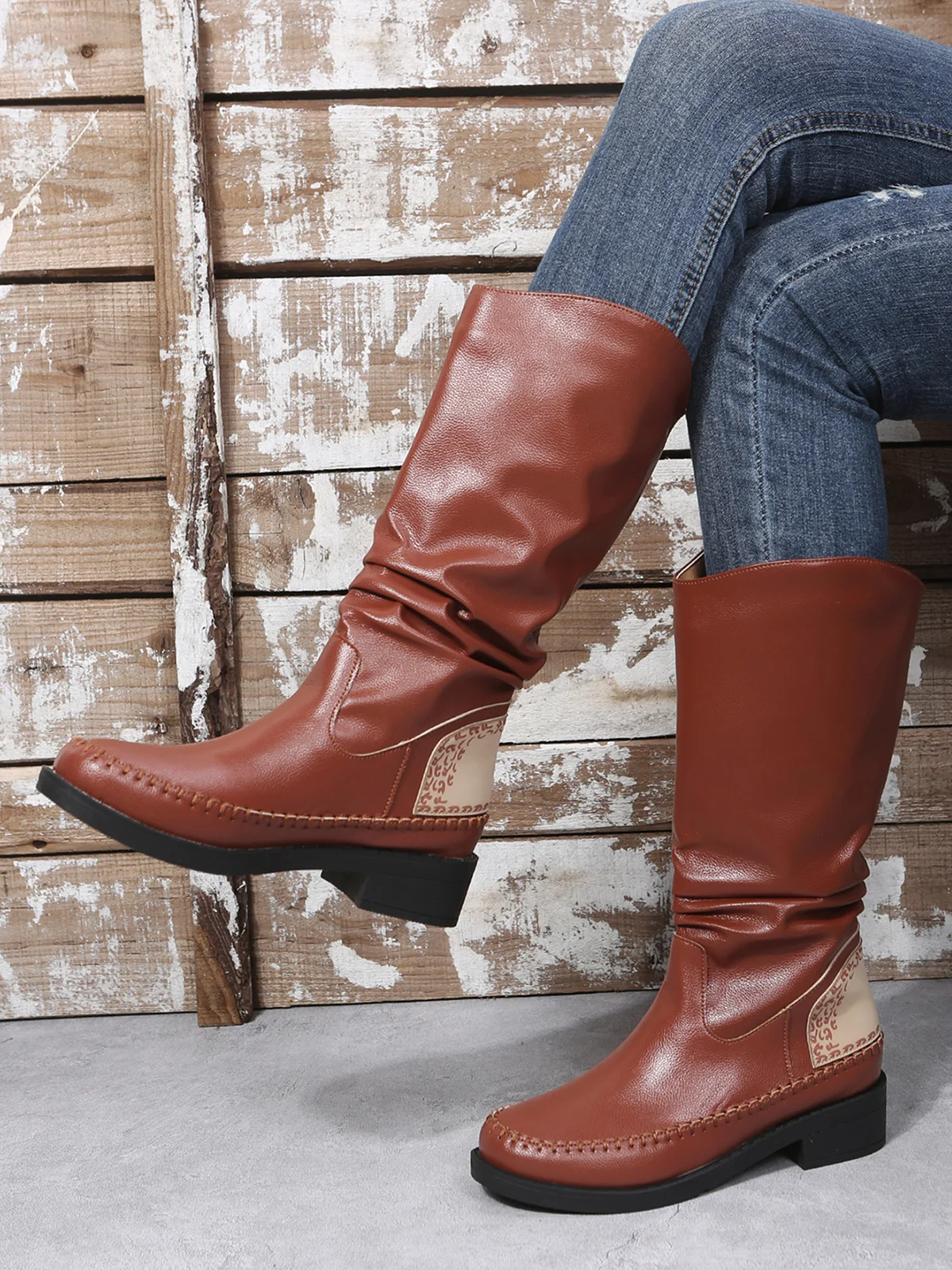 Crinkled Leopard Panel Casual Leather Cowboy Boots