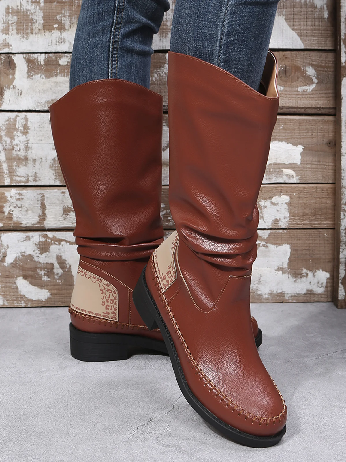 Crinkled Leopard Panel Casual Leather Cowboy Boots