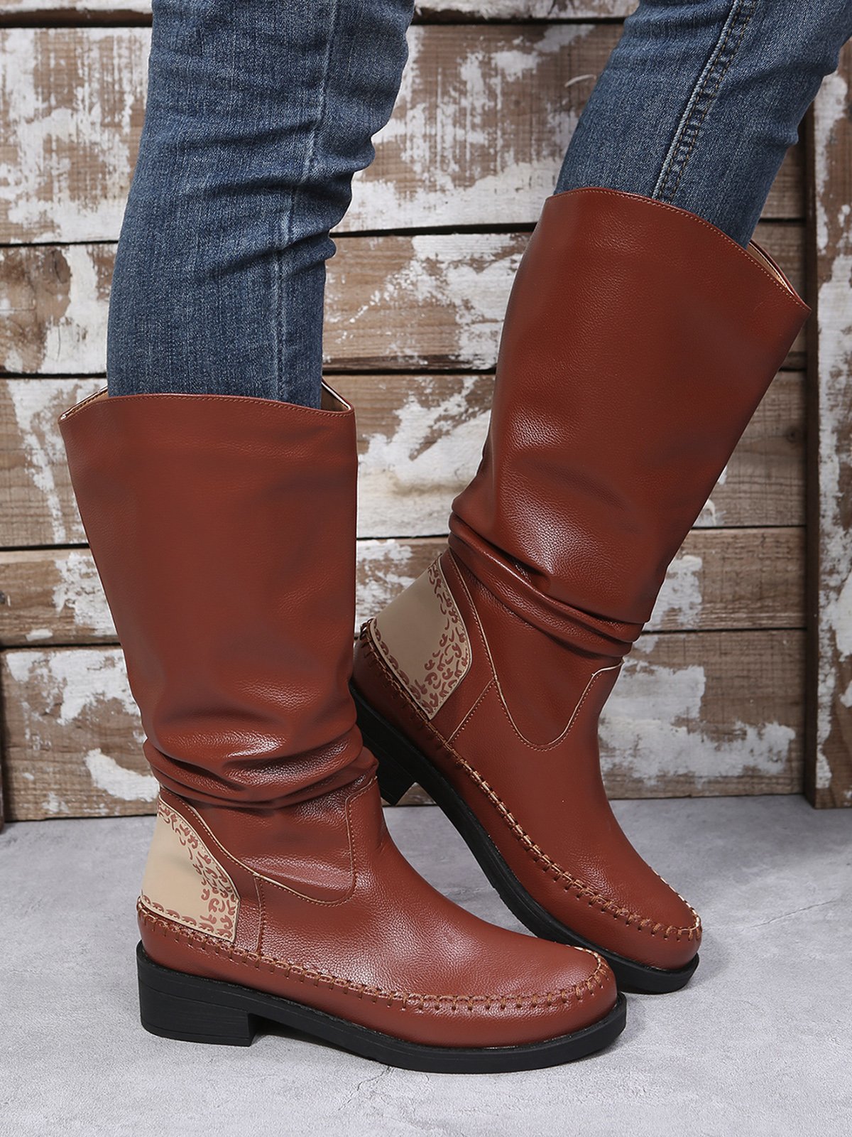 Crinkled Leopard Panel Casual Leather Cowboy Boots