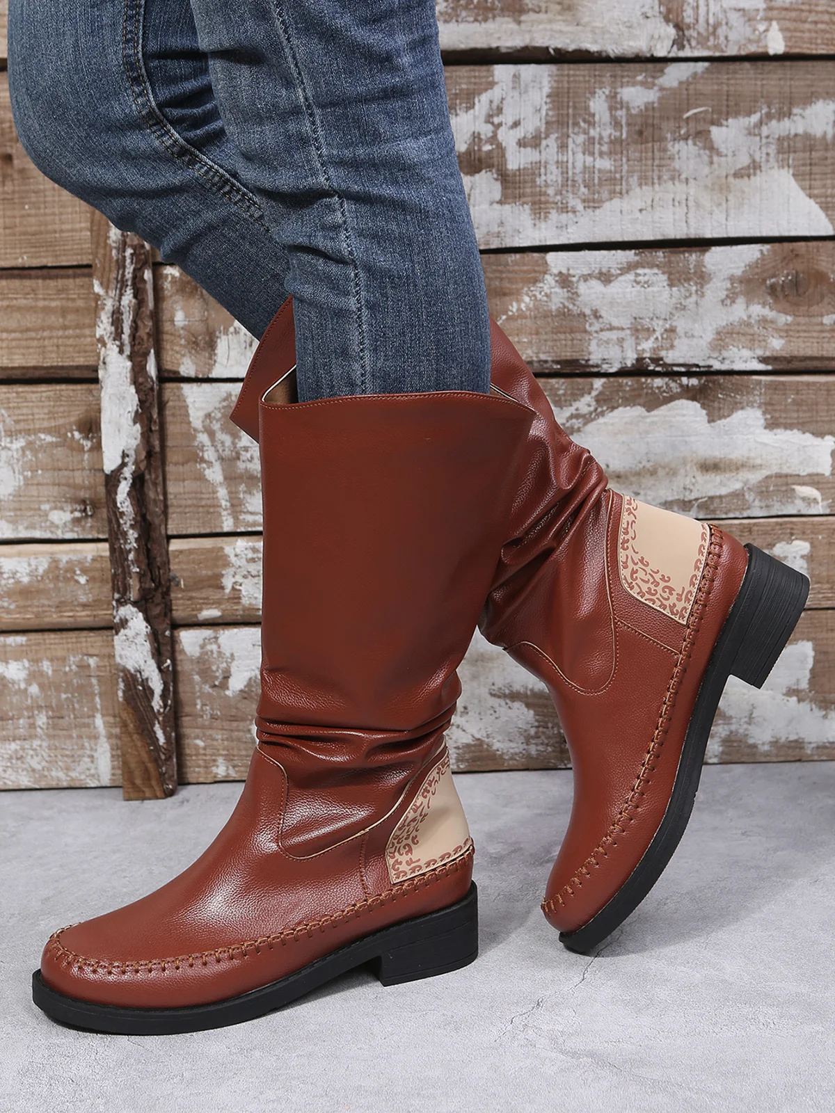 Crinkled Leopard Panel Casual Leather Cowboy Boots