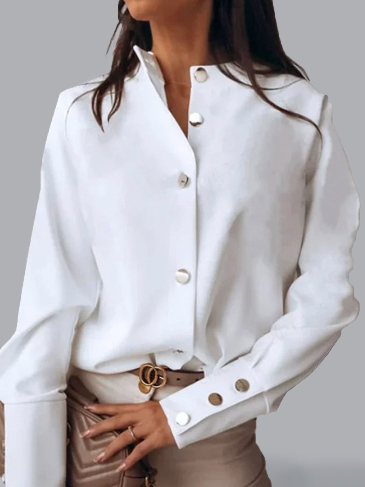 Plain Stand Collar Fit Off Shoulder Sleeve Blouses