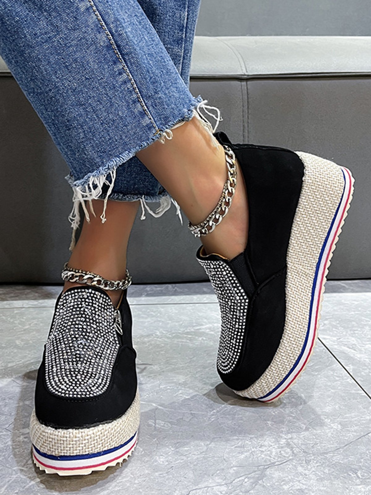 Rhinestone Side Zip Platform Shoes