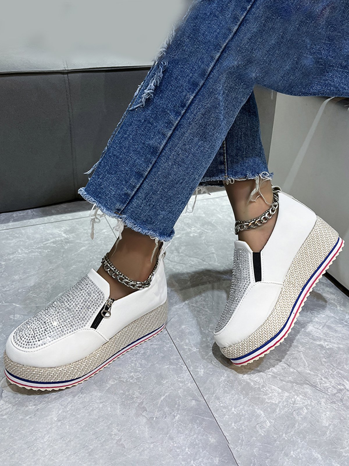 Rhinestone Side Zip Platform Shoes