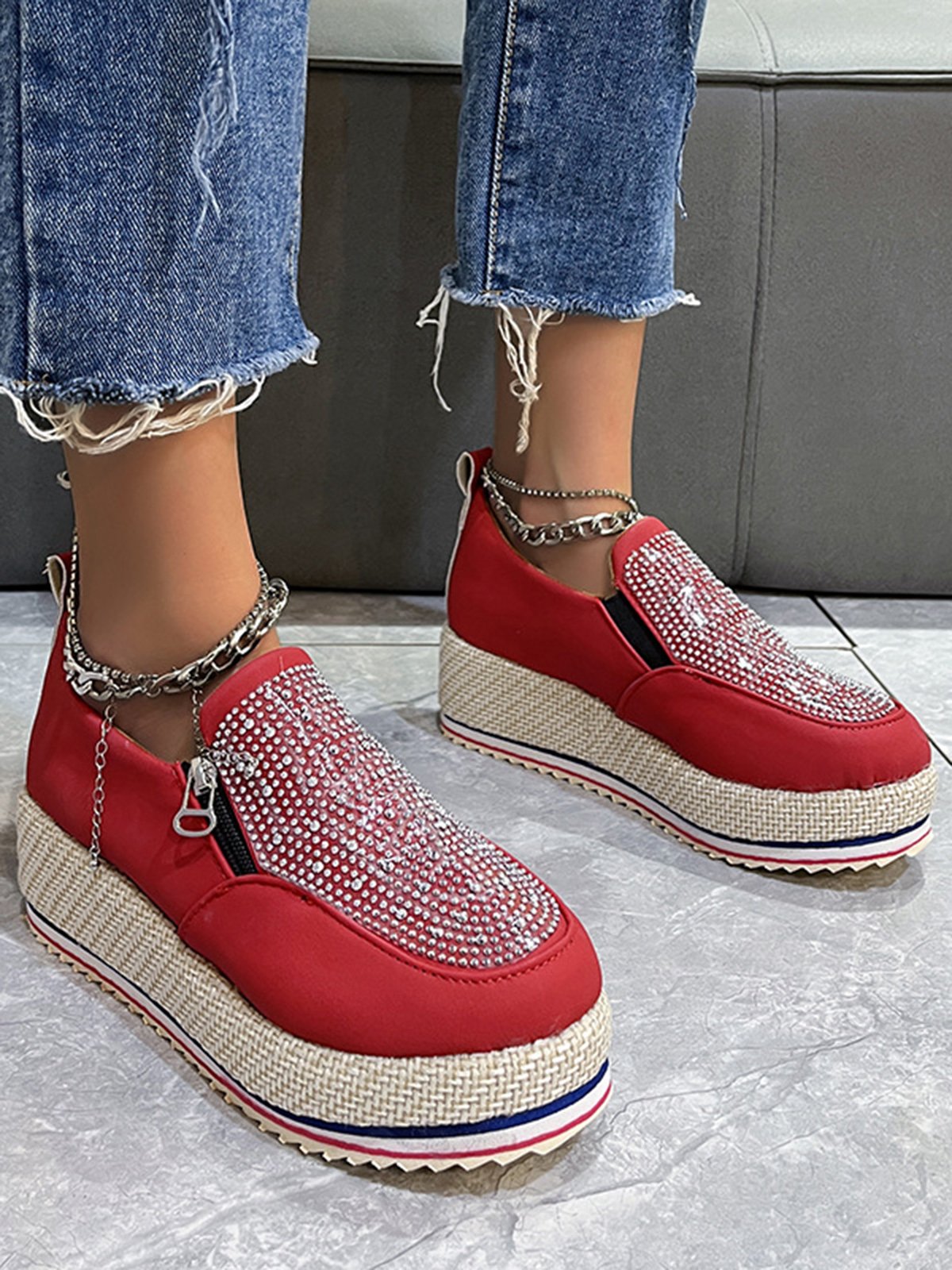 Rhinestone Side Zip Platform Shoes