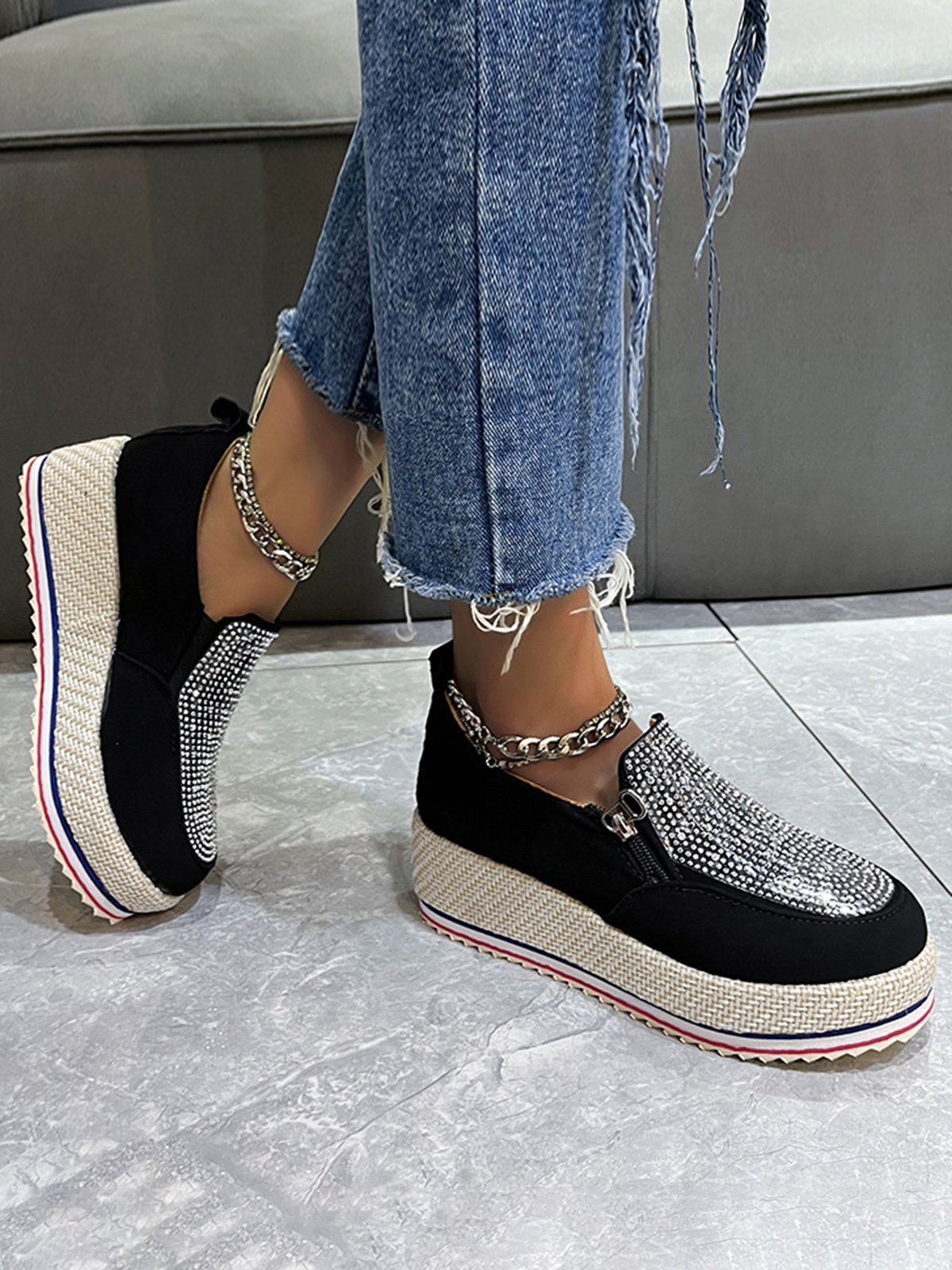 Rhinestone Side Zip Platform Shoes