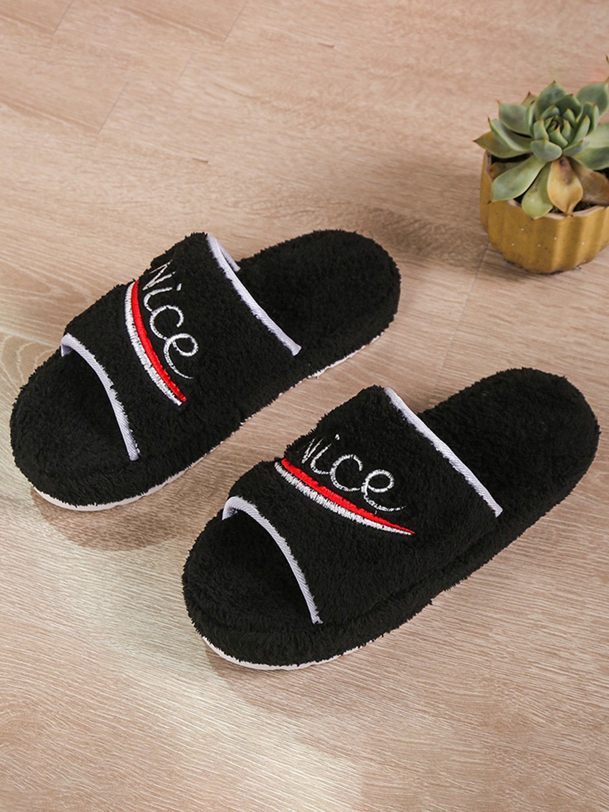 Alphabet NICE Embroidered Furry Slippers