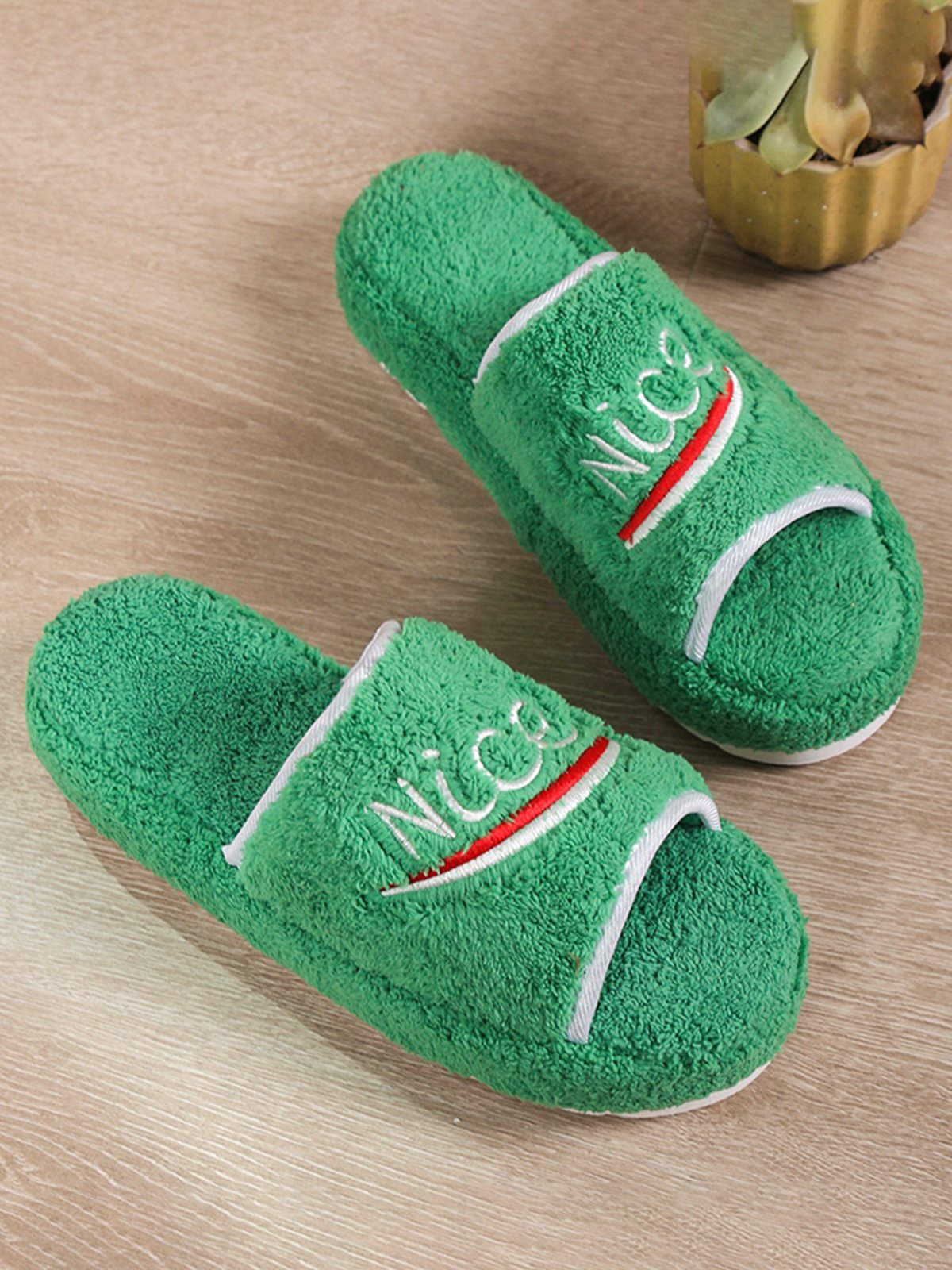 Alphabet NICE Embroidered Furry Slippers