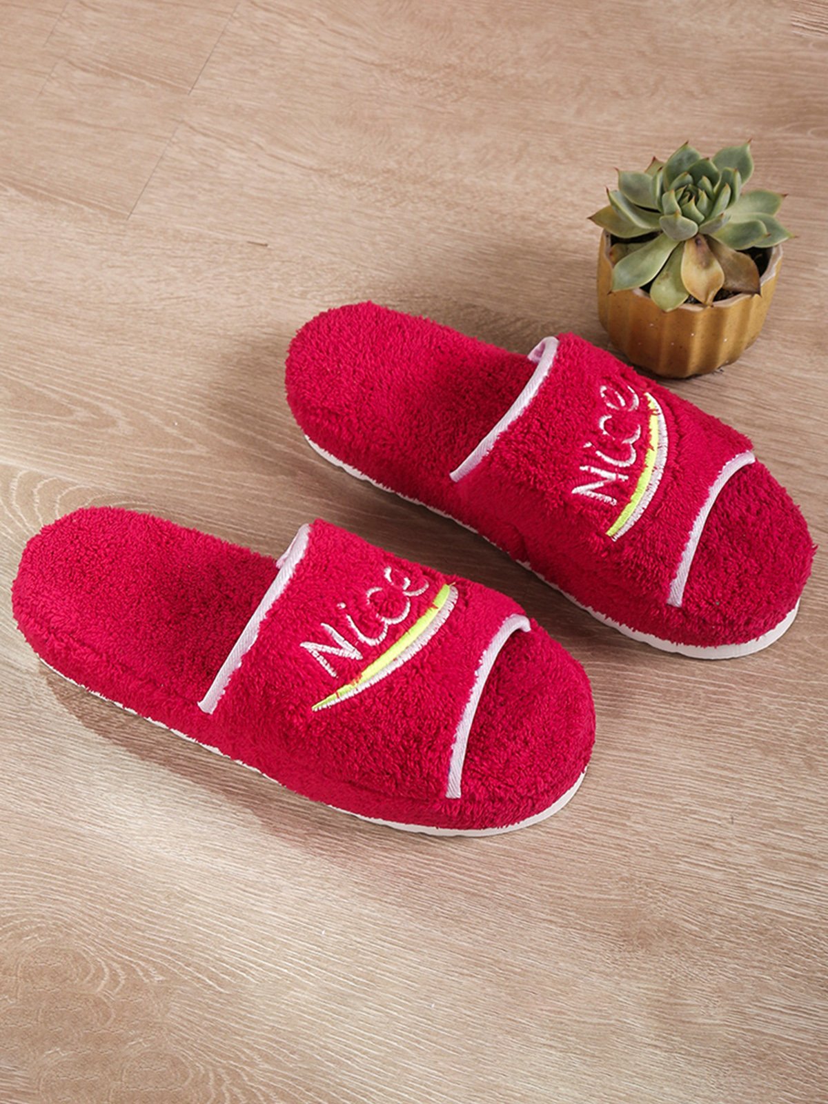 Alphabet NICE Embroidered Furry Slippers