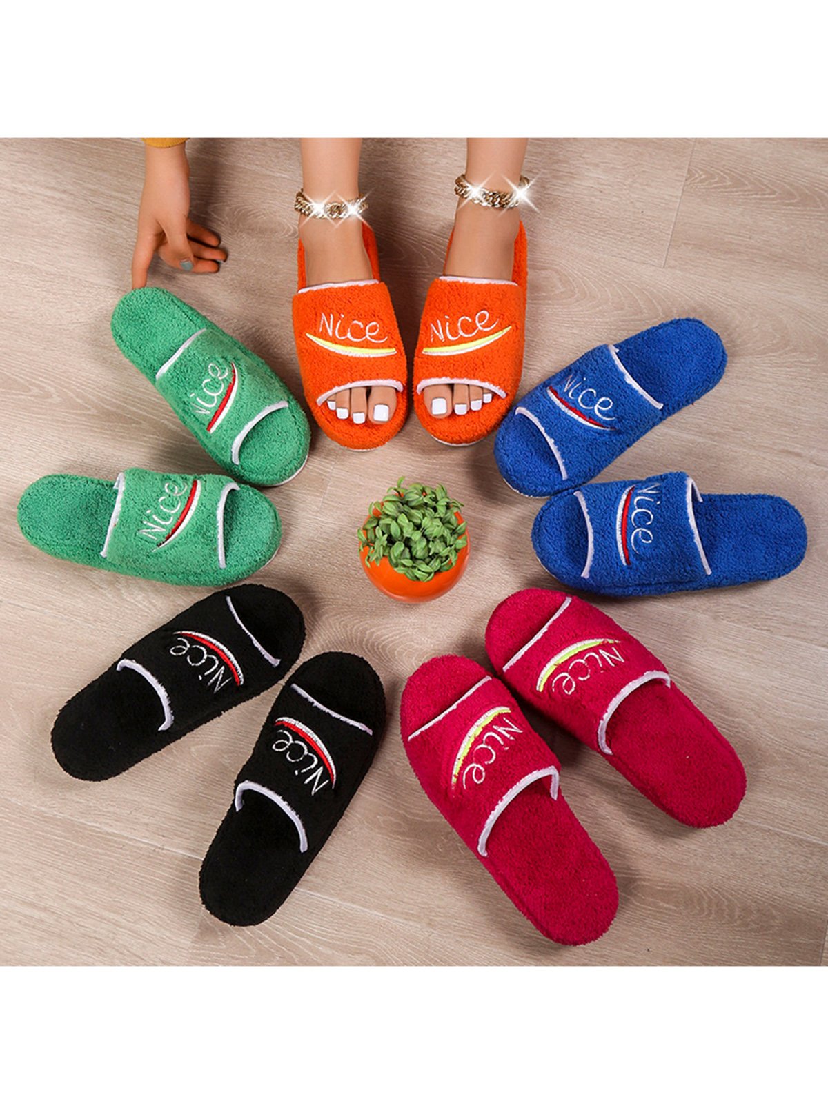 Alphabet NICE Embroidered Furry Slippers