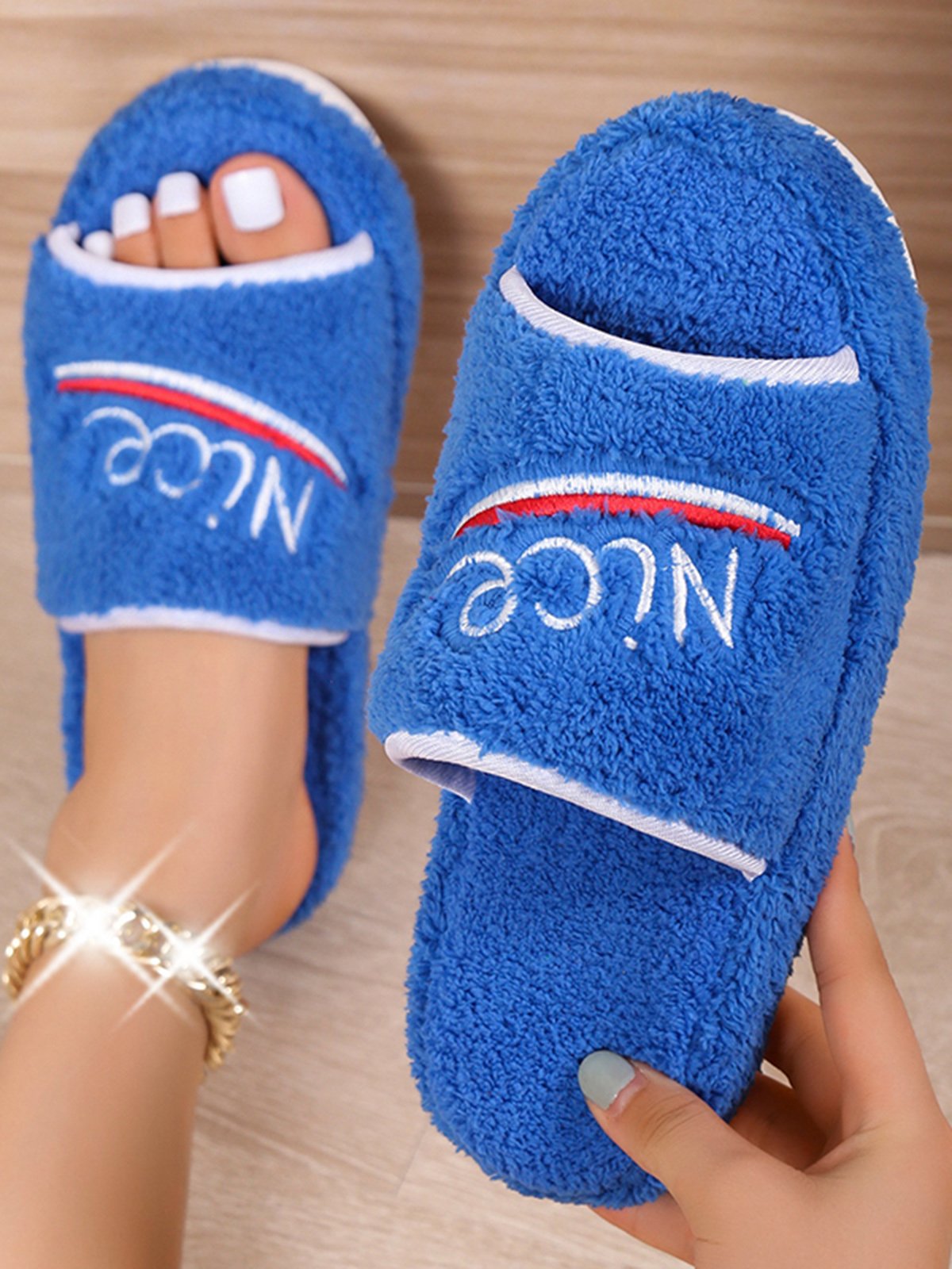 Alphabet NICE Embroidered Furry Slippers