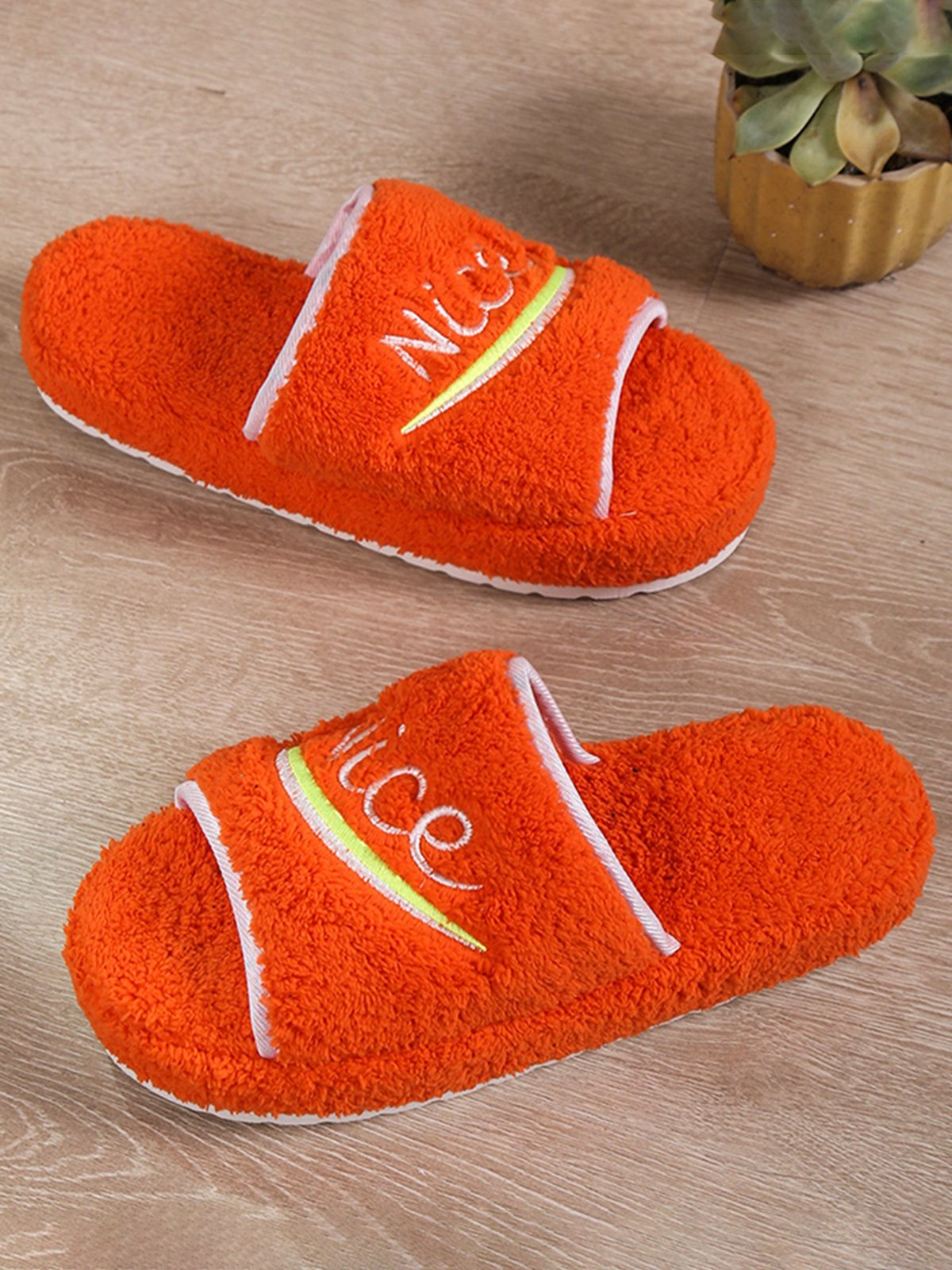 Alphabet NICE Embroidered Furry Slippers